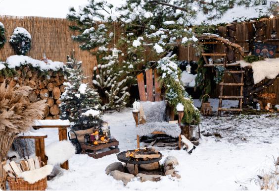 Backyard fire pit area in winter